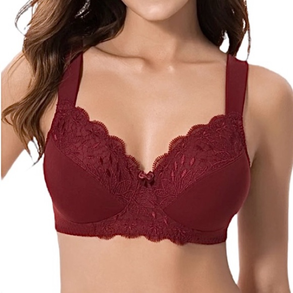 Curve Muse 42DDD Unlined Minimizer Wirefree Embroidery‎ Lace Red Bra